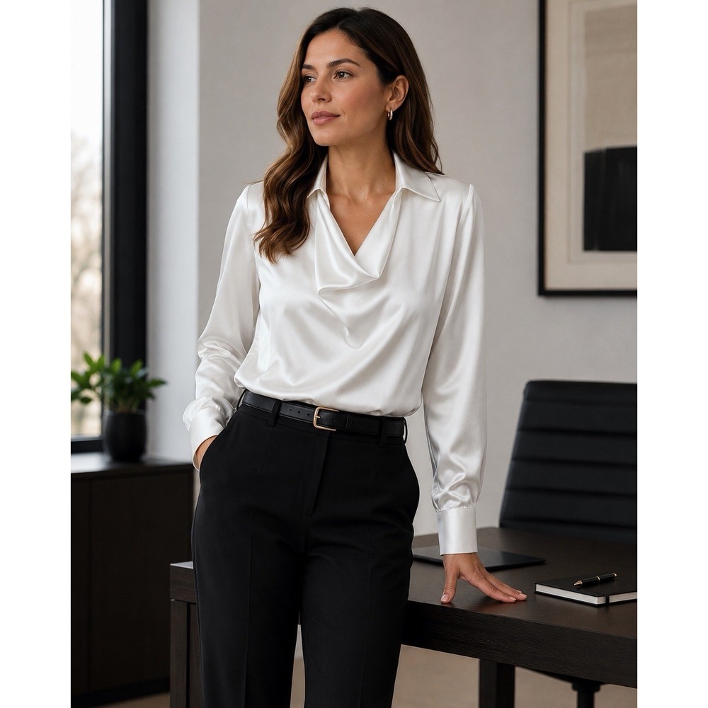 Commense White Satin Drape Collar Blouse